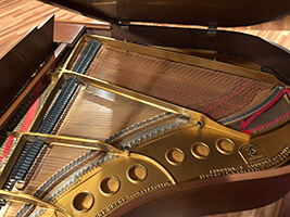 Example photo of the inside of a grand piano with the lid open